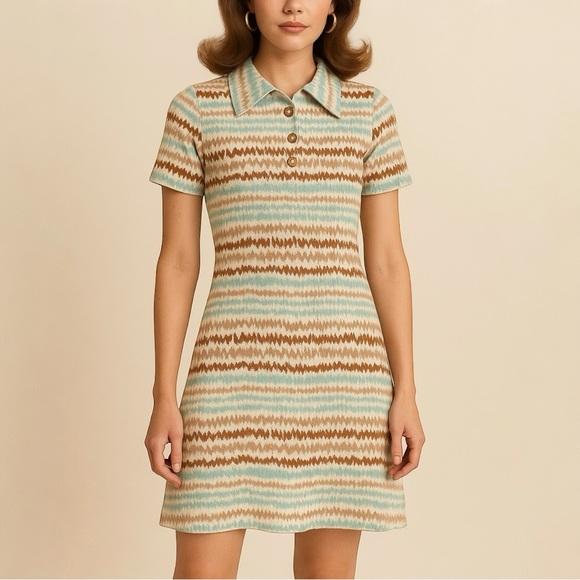 VINTAGE KIMBERLY 60s Zig Zag Stripe Mod Pointed Collar Short Sleeve Dress - Picture 1 of 11